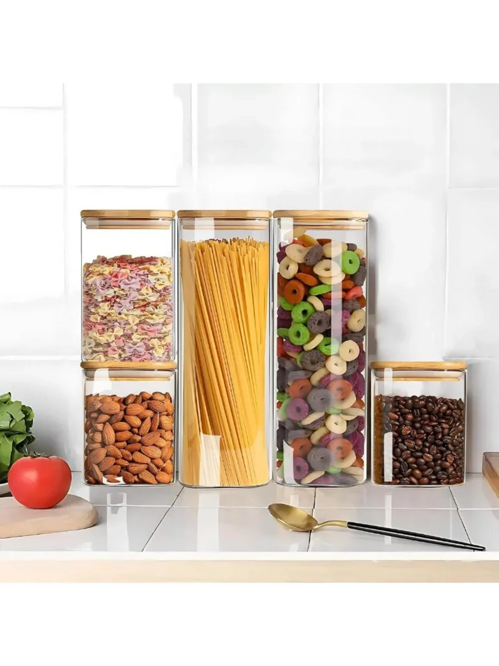 Airtight Glass Storage Jars Set of 5 with Bamboo Lids - Clear Kitchen Canisters